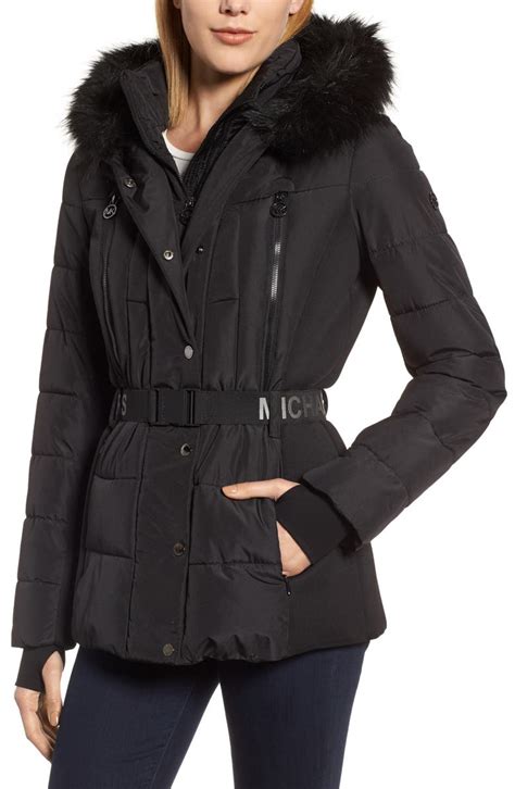 michael kors belted faux-fur trim hooded puffer coat|Faux Fur Trim Quilted Belted Puffer Jacket .